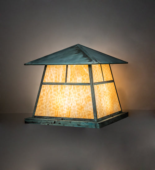 Meyda Lighting Stillwater 24"Sq 4-Light Verdigris "T" Mission Outdoor Pier Mount Light With Beige Art Shade Glass