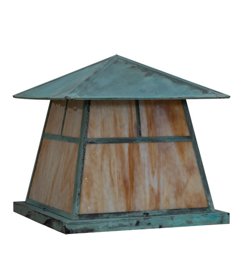 Meyda Lighting Stillwater 24"Sq 4-Light Verdigris "T" Mission Outdoor Pier Mount Light With Beige Art Shade Glass