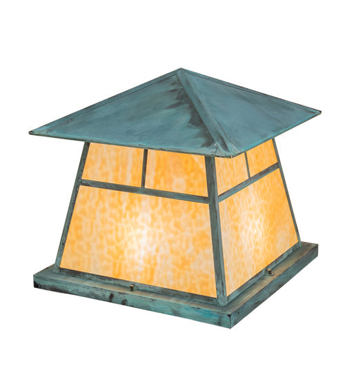 Meyda Lighting Stillwater 24"Sq 4-Light Verdigris "T" Mission Outdoor Pier Mount Light With Beige Art Shade Glass