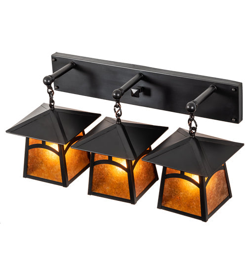 Meyda Lighting Stillwater 26" 3-Light Craftsman Brown Hill Top Vanity Light With Amber Mica Shade Glass