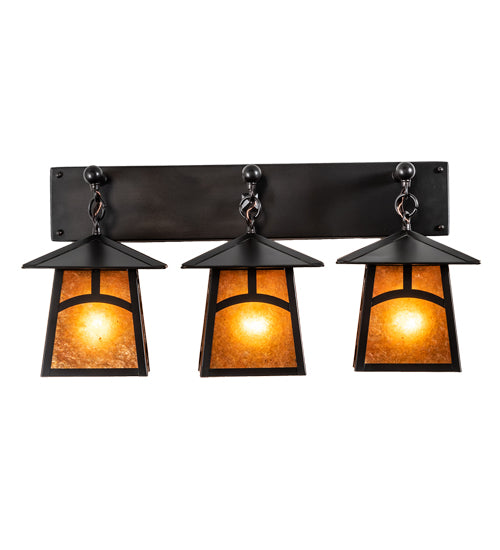 Meyda Lighting Stillwater 26" 3-Light Craftsman Brown Hill Top Vanity Light With Amber Mica Shade Glass