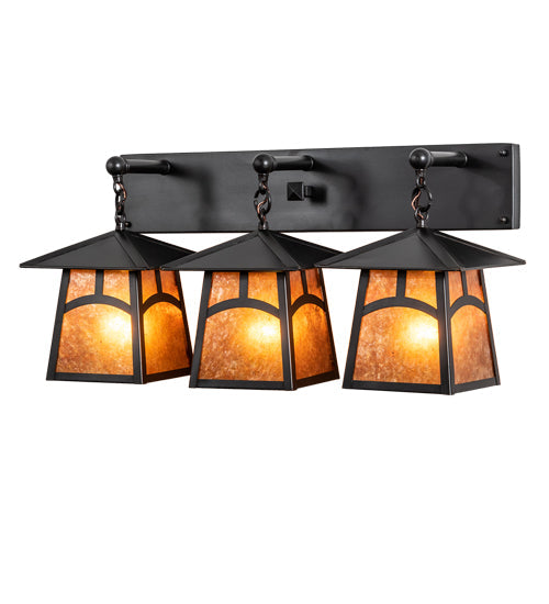 Meyda Lighting Stillwater 26" 3-Light Craftsman Brown Hill Top Vanity Light With Amber Mica Shade Glass