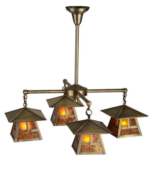 Meyda Lighting Stillwater 30" 4-Light Antique Brass T Mission Chandelier With Amber Mica Shade Glass