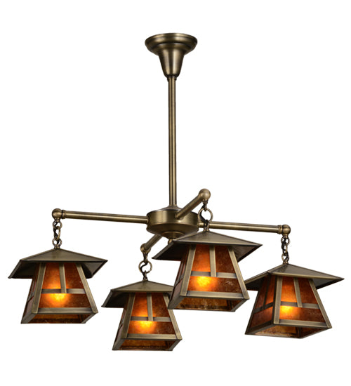 Meyda Lighting Stillwater 30" 4-Light Antique Brass T Mission Chandelier With Amber Mica Shade Glass