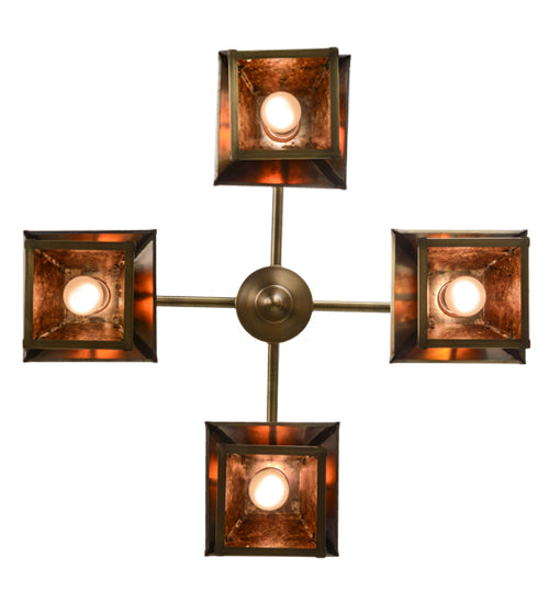 Meyda Lighting Stillwater 30" 4-Light Antique Brass T Mission Chandelier With Amber Mica Shade Glass