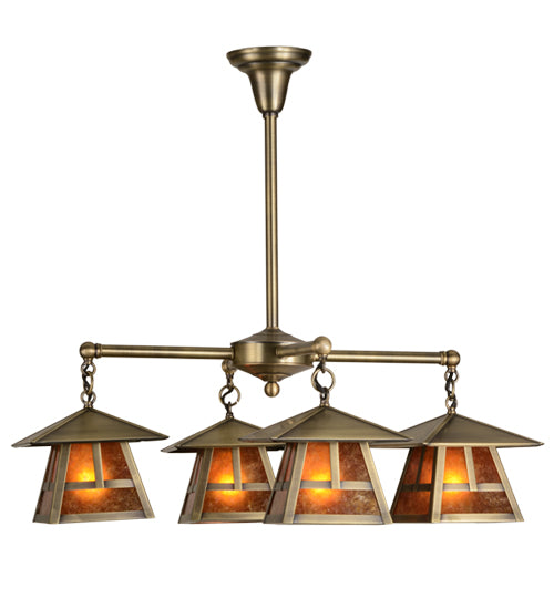 Meyda Lighting Stillwater 30" 4-Light Antique Brass T Mission Chandelier With Amber Mica Shade Glass