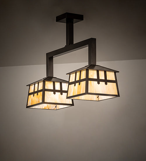 Meyda Lighting Stillwater 32" 2-Light Craftsman Brown Double Cross Mission Island Pendant Light With Beige Iridescent Shade Glass