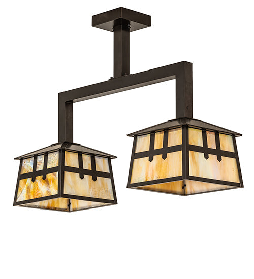 Meyda Lighting Stillwater 32" 2-Light Craftsman Brown Double Cross Mission Island Pendant Light With Beige Iridescent Shade Glass