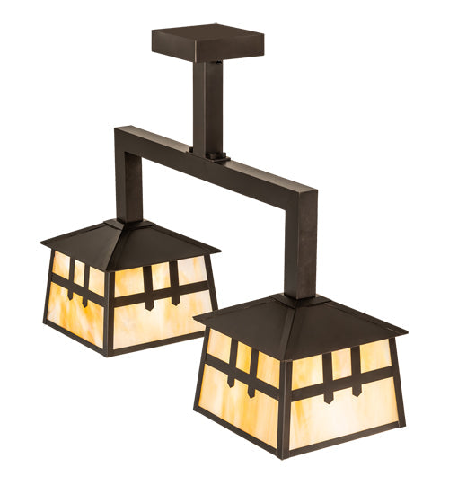 Meyda Lighting Stillwater 32" 2-Light Craftsman Brown Double Cross Mission Island Pendant Light With Beige Iridescent Shade Glass