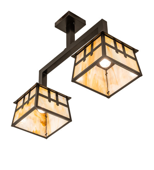 Meyda Lighting Stillwater 32" 2-Light Craftsman Brown Double Cross Mission Island Pendant Light With Beige Iridescent Shade Glass