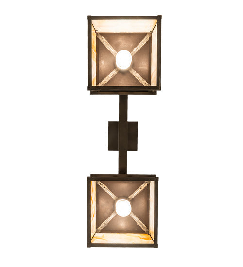 Meyda Lighting Stillwater 32" 2-Light Craftsman Brown Double Cross Mission Island Pendant Light With Beige Iridescent Shade Glass