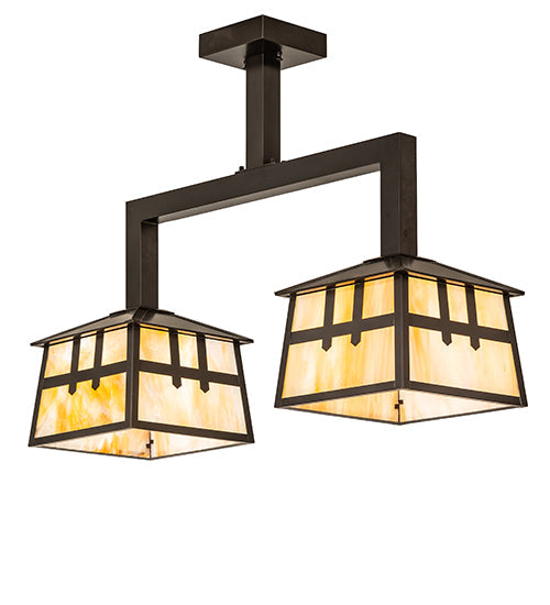 Meyda Lighting Stillwater 32" 2-Light Craftsman Brown Double Cross Mission Island Pendant Light With Beige Iridescent Shade Glass