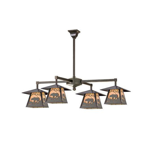 Meyda Lighting Stillwater 32" 4-Light Craftsman Brown Bear at Dawn Chandelier With Amber Mica Shade Glass