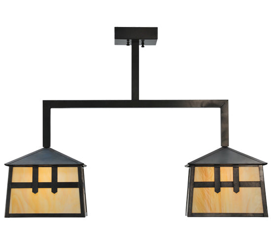 Meyda Lighting Stillwater 33" 2-Light Craftsman Brown Double Cross Mission Island Pendant Light With Beige Art Shade Glass
