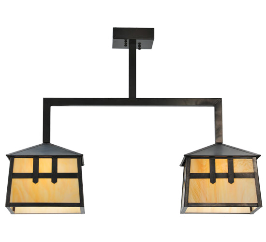 Meyda Lighting Stillwater 33" 2-Light Craftsman Brown Double Cross Mission Island Pendant Light With Beige Art Shade Glass