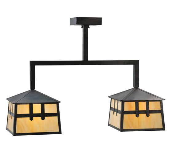Meyda Lighting Stillwater 33" 2-Light Craftsman Brown Double Cross Mission Island Pendant Light With Beige Art Shade Glass