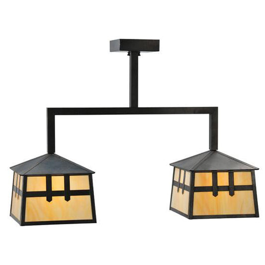 Meyda Lighting Stillwater 33" 2-Light Craftsman Brown Double Cross Mission Island Pendant Light With Beige Art Shade Glass