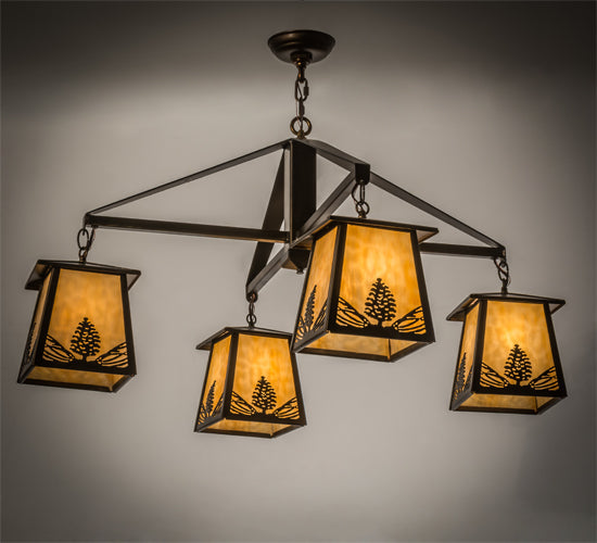 Meyda Lighting Stillwater 38" 4-Light Antique Copper Mountain Pine Chandelier With Beige Art Shade Glass