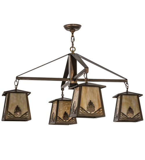 Meyda Lighting Stillwater 38" 4-Light Antique Copper Mountain Pine Chandelier With Beige Art Shade Glass