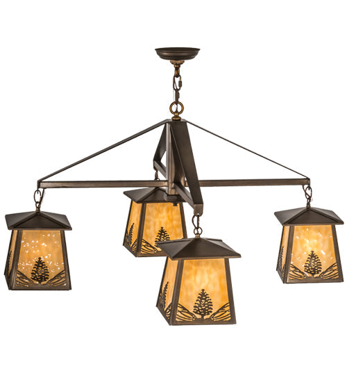Meyda Lighting Stillwater 38" 4-Light Antique Copper Mountain Pine Chandelier With Beige Art Shade Glass
