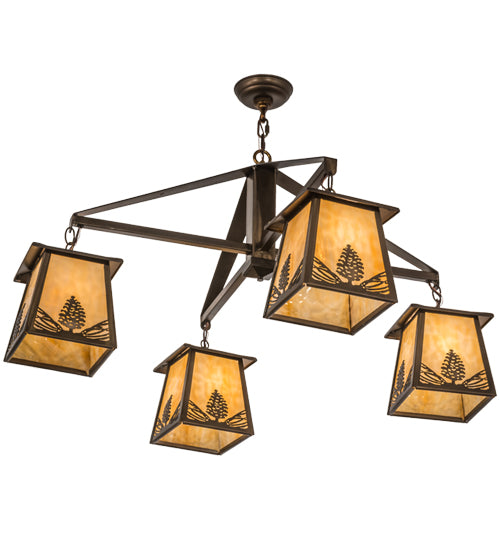 Meyda Lighting Stillwater 38" 4-Light Antique Copper Mountain Pine Chandelier With Beige Art Shade Glass