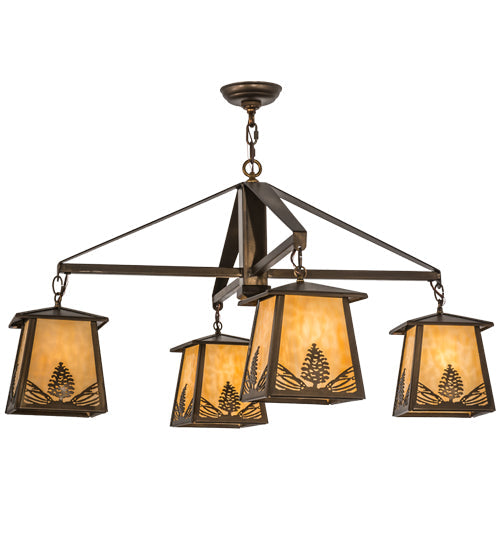 Meyda Lighting Stillwater 38" 4-Light Antique Copper Mountain Pine Chandelier With Beige Art Shade Glass