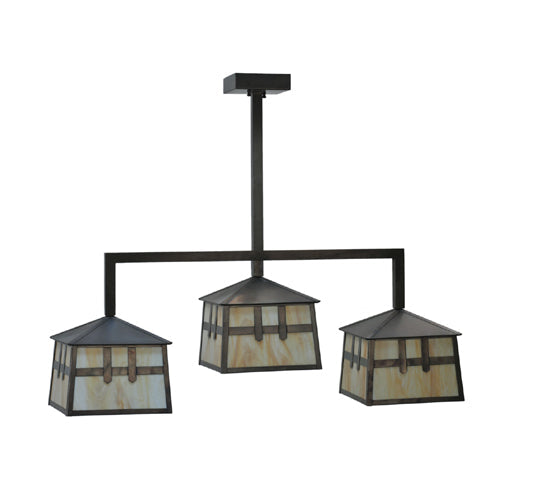 Meyda Lighting Stillwater 39" 3-Light Craftsman Brown Double Cross Mission Island Pendant Light With Beige Art Shade Glass