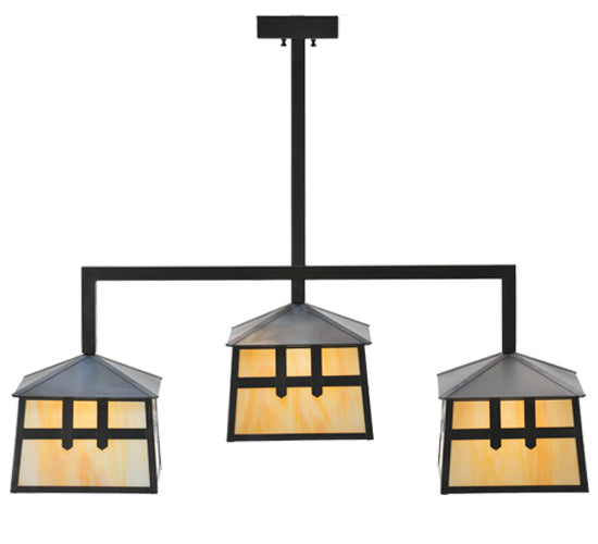 Meyda Lighting Stillwater 39" 3-Light Craftsman Brown Double Cross Mission Island Pendant Light With Beige Art Shade Glass