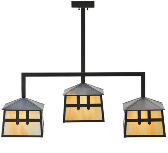 Meyda Lighting Stillwater 39" 3-Light Craftsman Brown Double Cross Mission Island Pendant Light With Beige Art Shade Glass