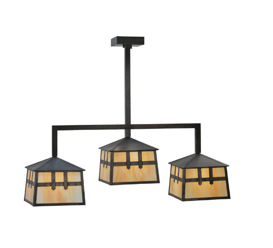 Meyda Lighting Stillwater 39" 3-Light Craftsman Brown Double Cross Mission Island Pendant Light With Beige Art Shade Glass