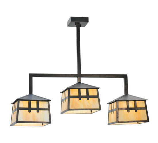 Meyda Lighting Stillwater 39" 3-Light Craftsman Brown Double Cross Mission Island Pendant Light With Beige Art Shade Glass