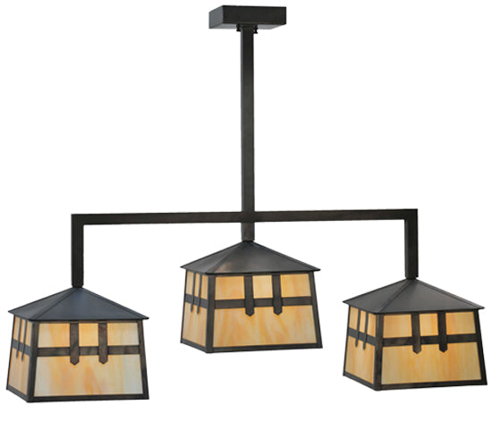 Meyda Lighting Stillwater 39" 3-Light Craftsman Brown Double Cross Mission Island Pendant Light With Beige Art Shade Glass