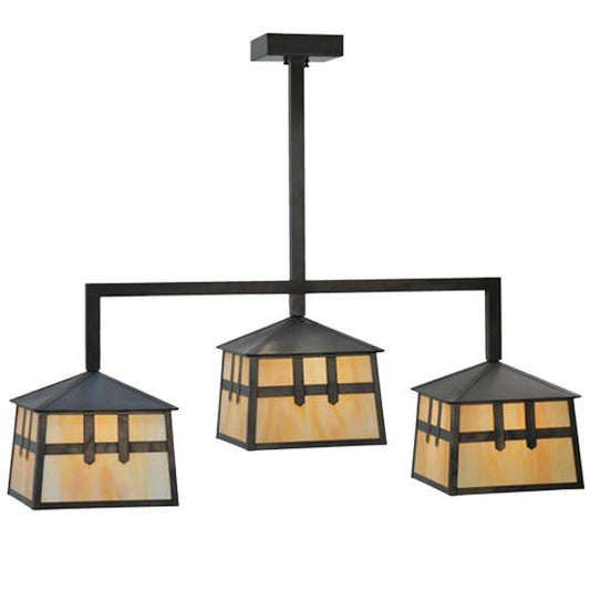Meyda Lighting Stillwater 39" 3-Light Craftsman Brown Double Cross Mission Island Pendant Light With Beige Art Shade Glass