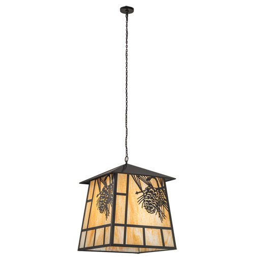 Meyda Lighting Stillwater 42" 4-Light Timeless Bronze Winter Pine Lantern Pendant Light With Beige Art Shade Glass