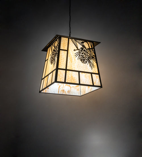 Meyda Lighting Stillwater 42" 4-Light Timeless Bronze Winter Pine Lantern Pendant Light With Beige Art Shade Glass