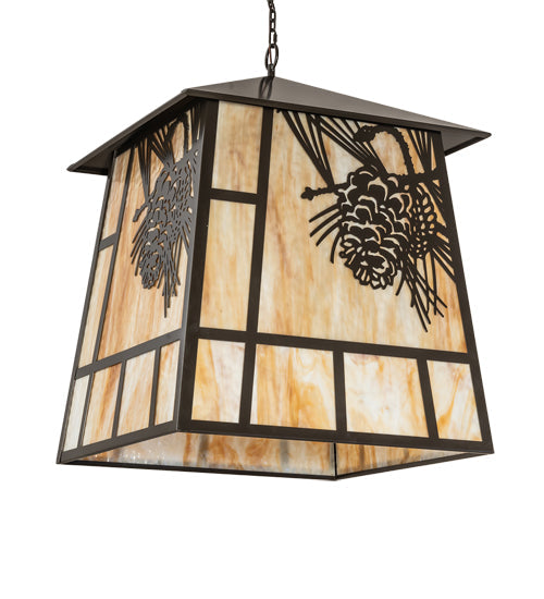 Meyda Lighting Stillwater 42" 4-Light Timeless Bronze Winter Pine Lantern Pendant Light With Beige Art Shade Glass