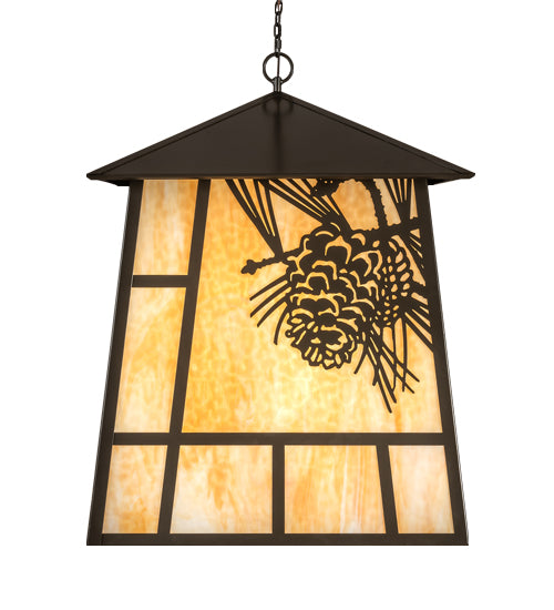 Meyda Lighting Stillwater 42" 4-Light Timeless Bronze Winter Pine Lantern Pendant Light With Beige Art Shade Glass