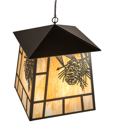 Meyda Lighting Stillwater 42" 4-Light Timeless Bronze Winter Pine Lantern Pendant Light With Beige Art Shade Glass