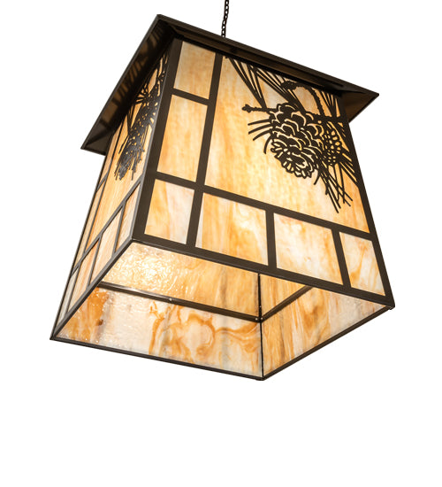Meyda Lighting Stillwater 42" 4-Light Timeless Bronze Winter Pine Lantern Pendant Light With Beige Art Shade Glass