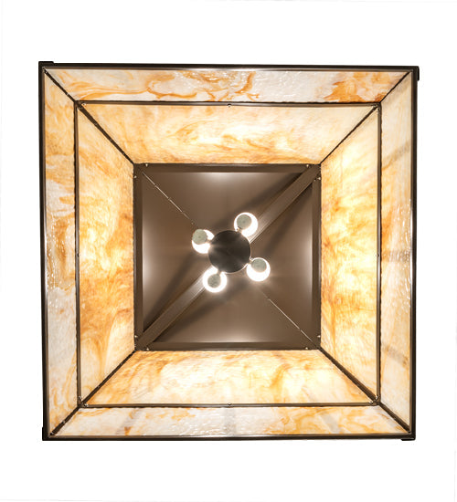 Meyda Lighting Stillwater 42" 4-Light Timeless Bronze Winter Pine Lantern Pendant Light With Beige Art Shade Glass