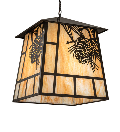 Meyda Lighting Stillwater 42" 4-Light Timeless Bronze Winter Pine Lantern Pendant Light With Beige Art Shade Glass