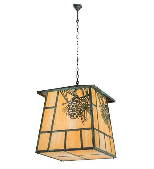 Meyda Lighting Stillwater 43" 4-Light Craftsman Verdigris Winter Pine Pendant Light With Beige Art Shade Glass