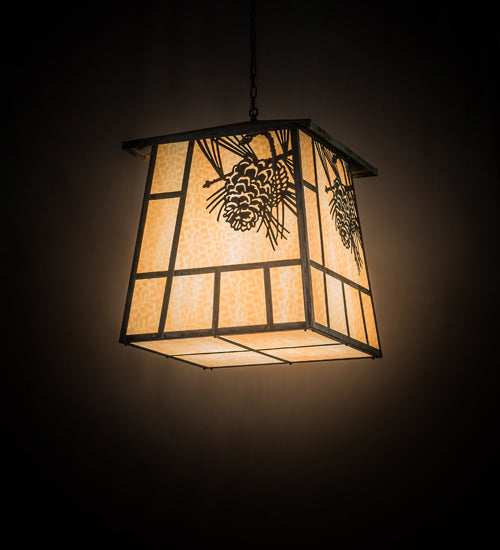 Meyda Lighting Stillwater 43" 4-Light Craftsman Verdigris Winter Pine Pendant Light With Beige Art Shade Glass