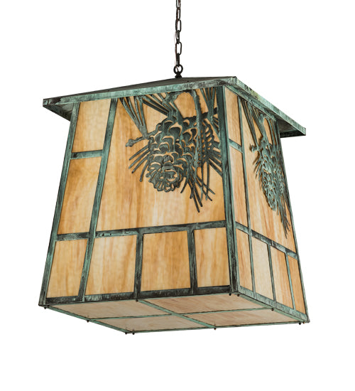 Meyda Lighting Stillwater 43" 4-Light Craftsman Verdigris Winter Pine Pendant Light With Beige Art Shade Glass