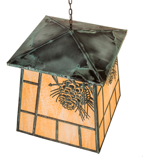 Meyda Lighting Stillwater 43" 4-Light Craftsman Verdigris Winter Pine Pendant Light With Beige Art Shade Glass