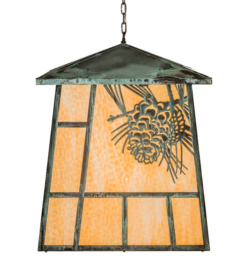 Meyda Lighting Stillwater 43" 4-Light Craftsman Verdigris Winter Pine Pendant Light With Beige Art Shade Glass