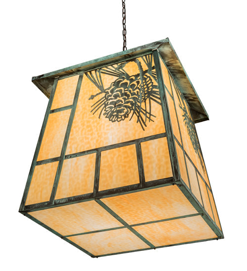 Meyda Lighting Stillwater 43" 4-Light Craftsman Verdigris Winter Pine Pendant Light With Beige Art Shade Glass