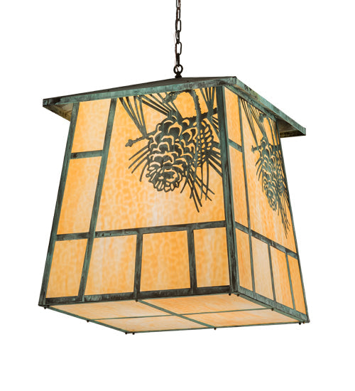 Meyda Lighting Stillwater 43" 4-Light Craftsman Verdigris Winter Pine Pendant Light With Beige Art Shade Glass