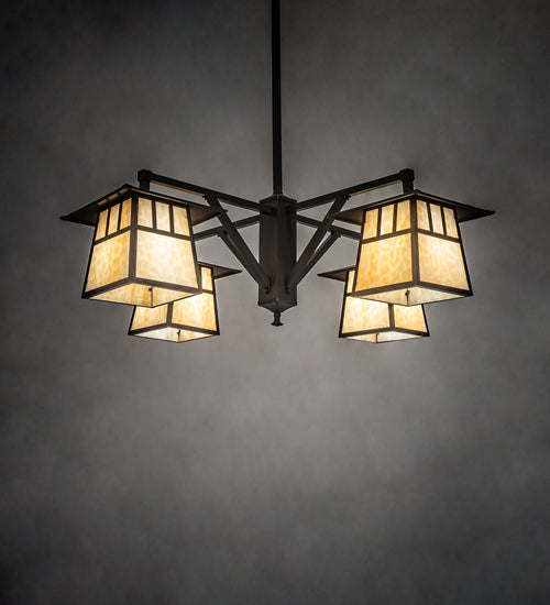 Meyda Lighting Stillwater 47" 4-Light Craftsman Brown Chandelier With Beige Art Shade Glass