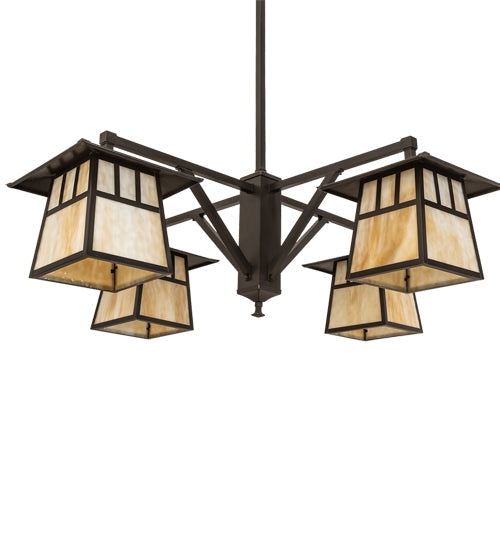 Meyda Lighting Stillwater 47" 4-Light Craftsman Brown Chandelier With Beige Art Shade Glass